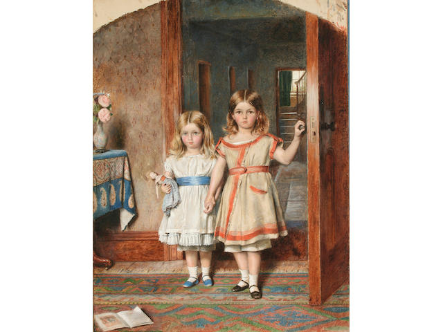 George Goodwin Kilburne (1839 - 1924) Two sisters, 63.5 x 48cm, arcaded top, unframed.
