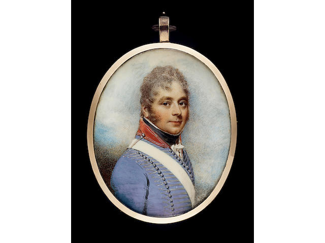 William Wood, Major Henry Davis (b.1763), wearing uniform of Light Dragoons, his French Grey coatee with red collar outlined with silver lace, silver lace cord epaulette, silver lace shoulder cord retaining the white leather shoulder belt