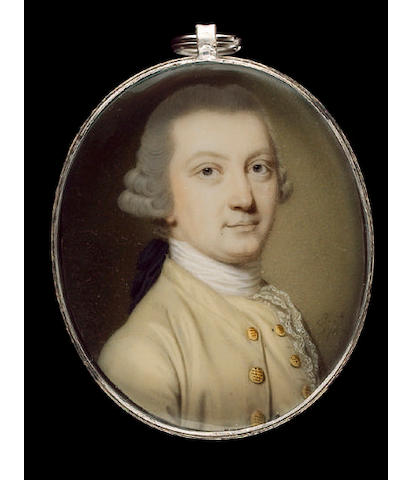 John Smart, Joseph Reinagle, wearing cream coat with gold buttons, matching waistcoat, white lace cravat and powdered wig worn en queue