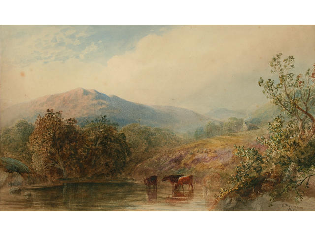 Cornelius Pearson Lake landscape with cattle watering, 23.5 x 39.5cm.