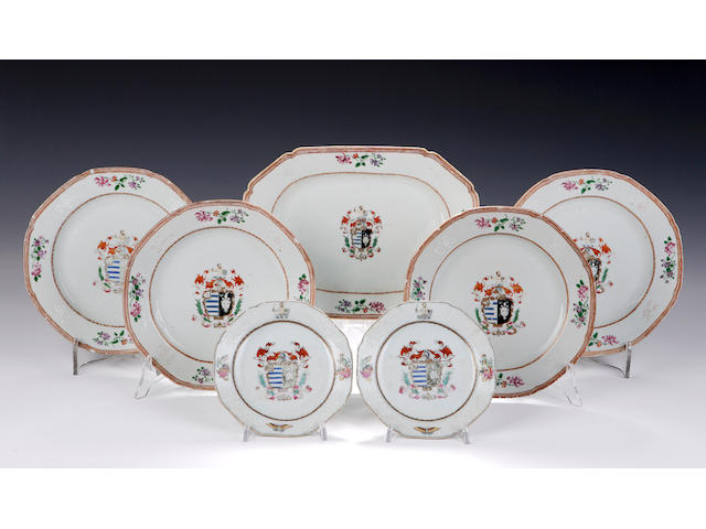 A famille rose Armorial part dinner set, Chinese, 18th Century,