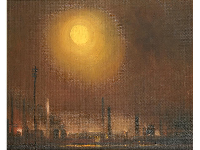 Theodore Major (1908-1999) Telegraph poles, chimneys and setting sun, 31 x 38cm.