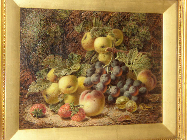 Oliver Clare (1853-1927) British Black grapes, apples, peaches, strawberries and gooseberries against a bank; plums, greengages in a punnet, raspberries, white currants and an apple against a mossy bank,