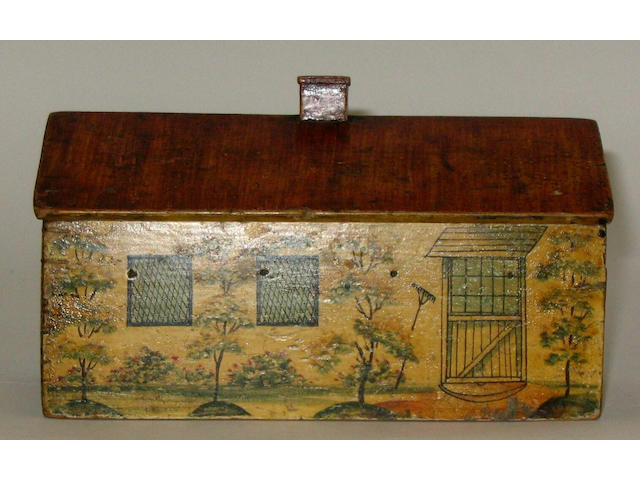 A rare late 18th century painted reel and sewing box in the form of a single storey whitewashed cottage