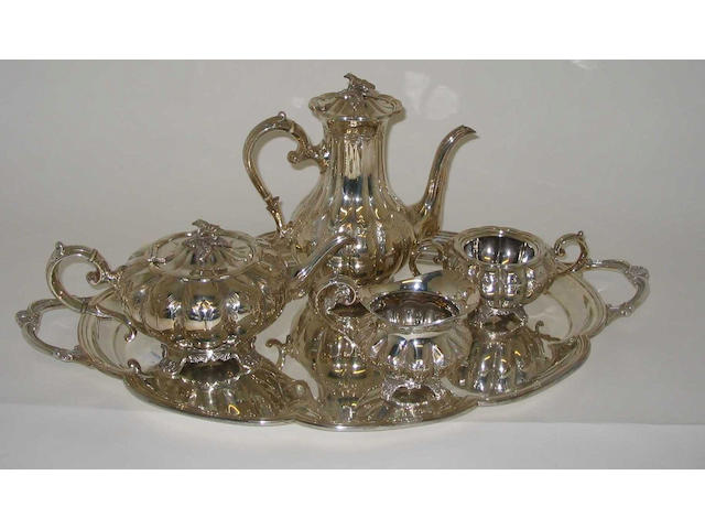 A four piece tea and coffee service and matching tray Maker's mark 'E.H.P & Co', Sheffield, 1965,