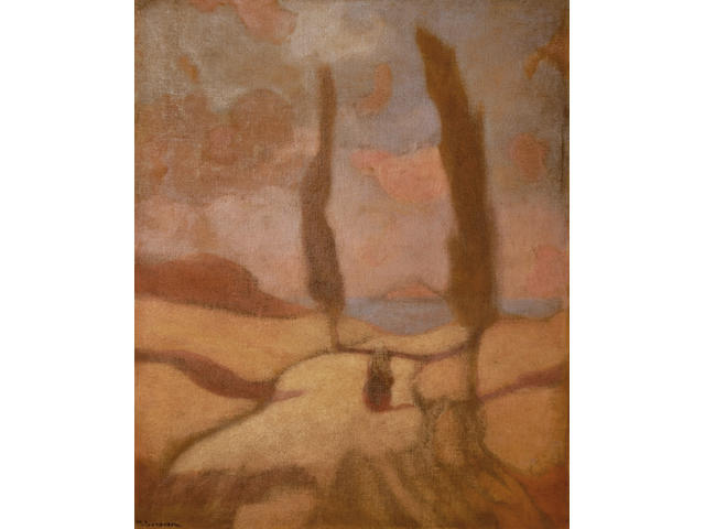 Michalis Economou (1888-1933) Landscape with Cypress 60 x 50 cm. (23 1/2 x 19 3/4 in.)
