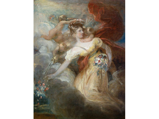 English School (19th Century) 'Allegorical scene with putti',  oil on card laid down on canvas 41 x 32cm