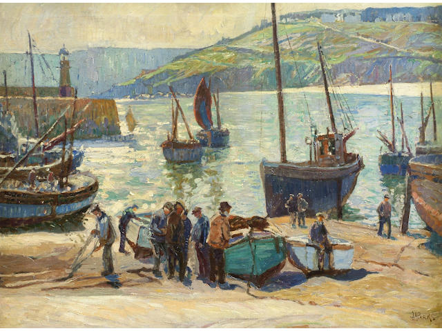John Anthony Park (1880-1962) 'Fishermen and their boats in the harbour at St Ives' 72 x 92cm