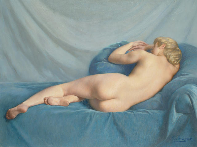 Paul Sieffert (French, 1874-1957) Reclining nude on blue velvet, 46 x 61cm (18 x 24in)