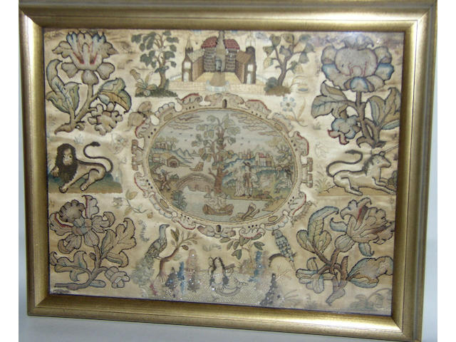 A mid 17th century stumpwork and petitpoint panel,