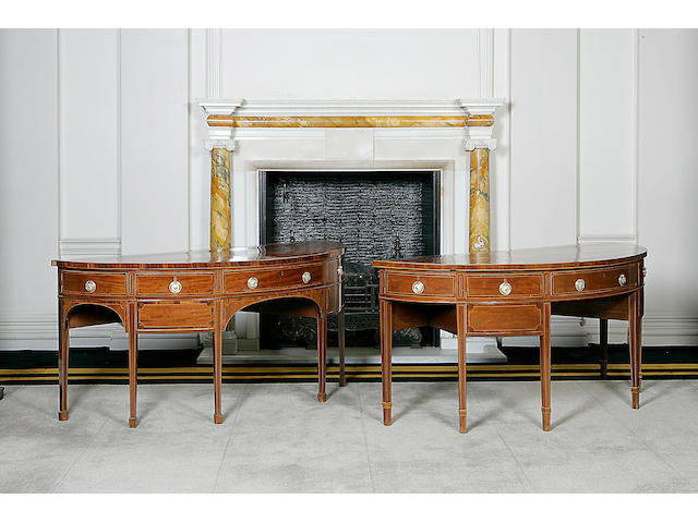A pair of  mahogany and boxwood line inlaid demi-lune sideboards