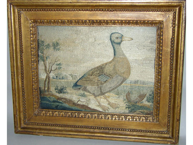 A pair of early/mid 19th century silk embroidered panels,