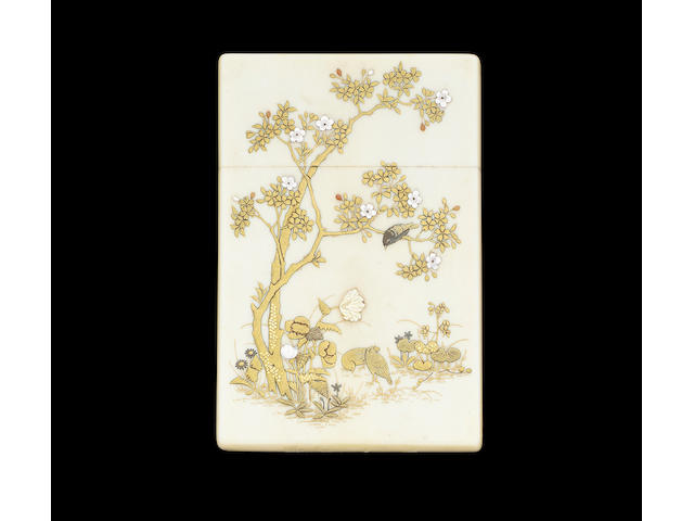 A fine Meiji period ivory and Shibayama decorated card case,