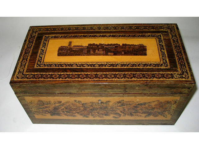 An unusual 19th century Tunbridge ware rectangular rosewood tea caddy