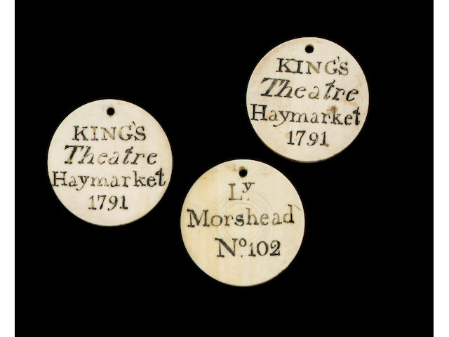 Three 18th century ivory theatre tickets,
