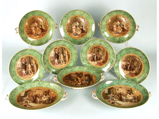 A Prattware part dessert service with malachite borders