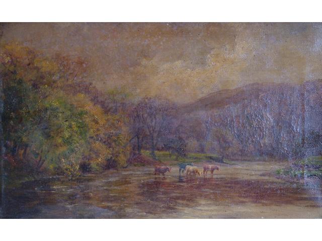 After John MacWhirter 'Highland cattle fording a river' 25 x 41cm