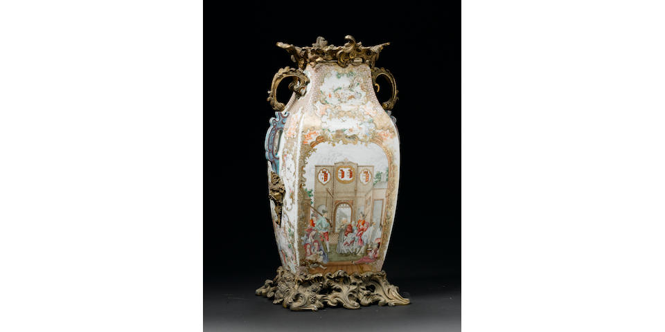 A rare and important ormolu-mounted famille rose armorial 'European subject' rectangular baluster vase The porcelain Qianlong, circa 1750-60, the mounts 18th/19th century