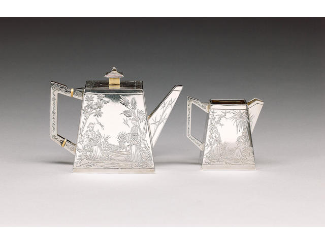 A Victorian silver Aesthetic teapot and cream jug, by Edward Charles Brown, London 1876,
