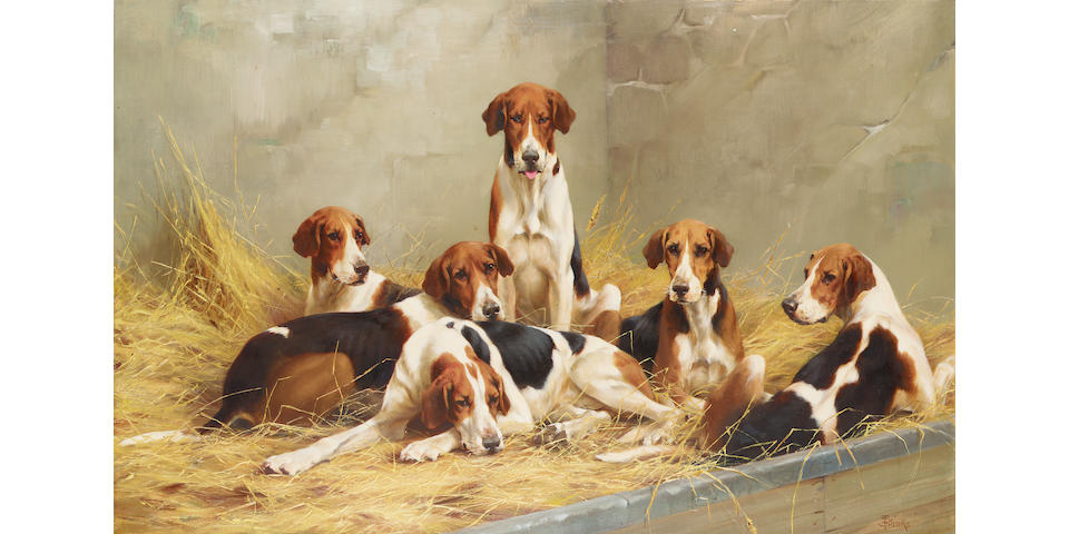 Thomas Blinks (British 1860-1912) Hounds in a kennel 46 x 71 cm. (18 x 28 in.)