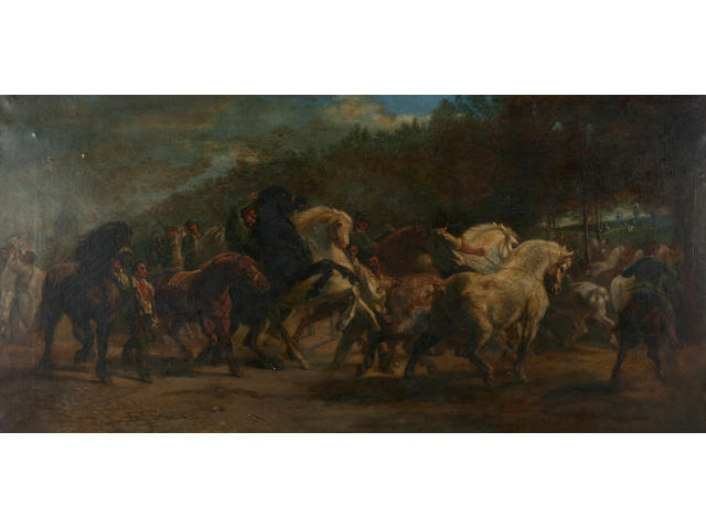 Follower of Rosa Bonheur Rounding up horses, 44 x 89.5cm.