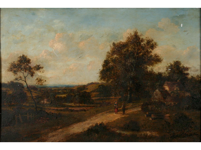 Attributed to Joseph Thors An extensive landscape view with man and woman conversing before a cottage, 46 x 66cm.