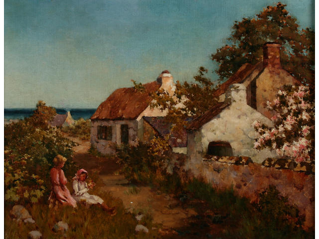 Bernard Kaufmann Coastal cottage scene with young girls sat on a grassy verge, 34 x 44cm.