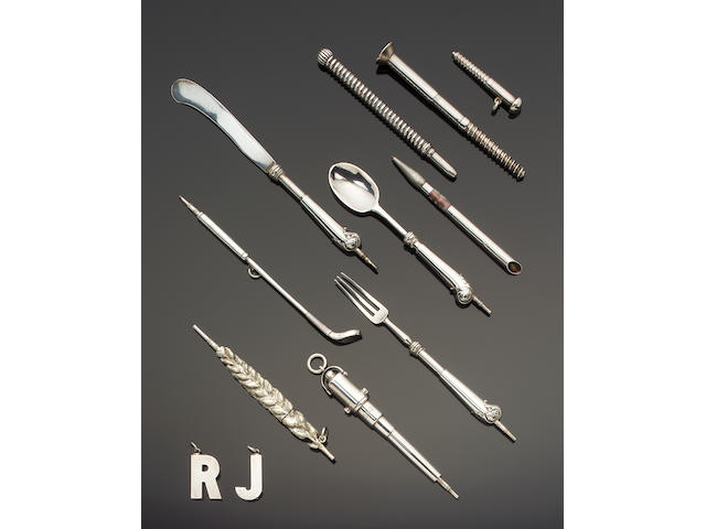 An unusual Victorian set of novelty pencils in the form of a knife, fork and spoon incuse stamped Sampson Mordan & Co. on mechanism, the knife blade incuse stamped Widdowson & Veale, 73 Strand London,