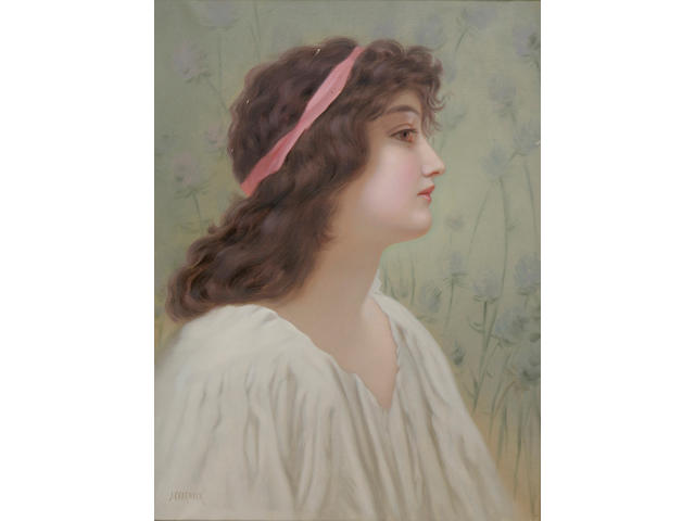 J Charnock, Portrait of a young woman, bust length, with a pink ribbon in her hair, signed, oil on canvas, 61 x 45cm.
