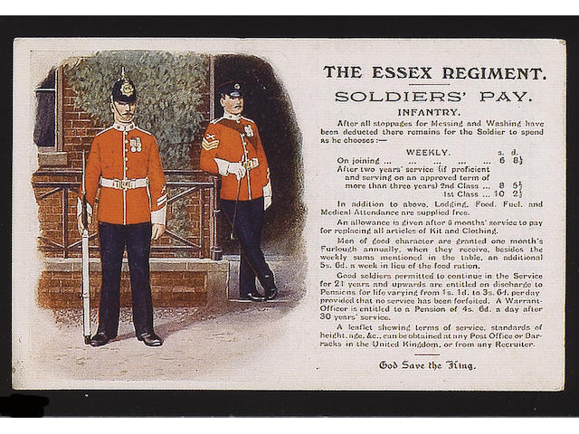 Military A collection in a blue album inc. Gale & Polden History & Traditions, Soldiers Pay, Battle Honours, Regimental Badges, Oilettes, Ibbetson, real photographs, barracks, military hospitals, parades, WW1 tanks, embroidered, Nelson etc., P-EX.