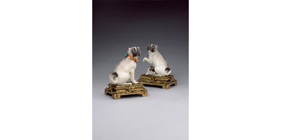 A magnificent pair of Meissen pug dogs on ormolu bases circa 1745