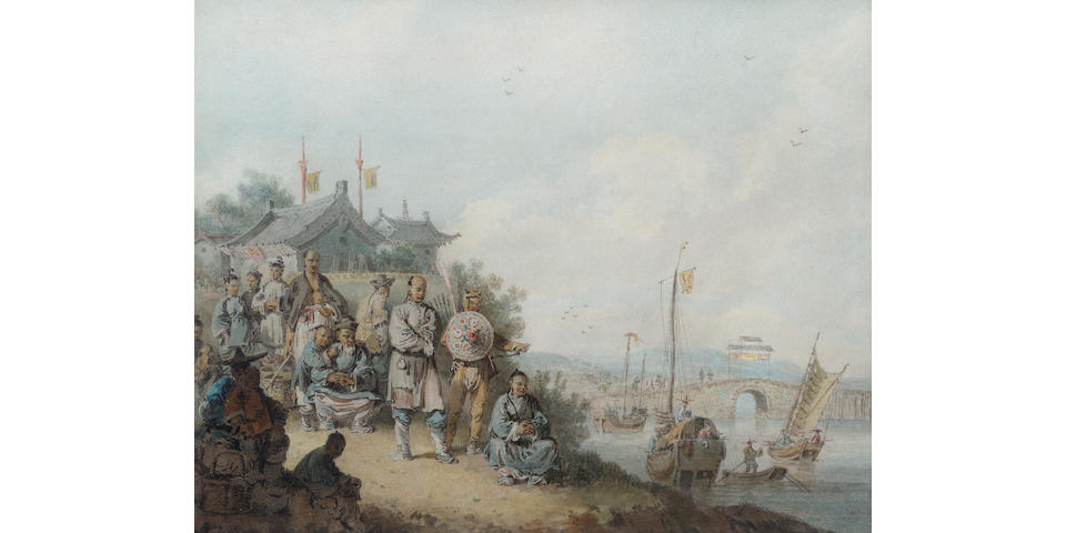 William Alexander (British, 1767-1816) Chinese figures on a riverbank 23 x 29 cm. (9 x 11 1/2 in.)