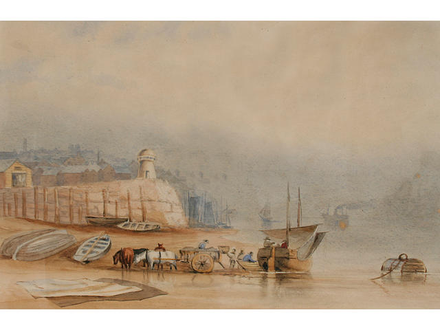 Joseph Axe Sleap River scene with figures unloading a boat onto a horsedrawn cart; and another, shipping near the coast, a pair,