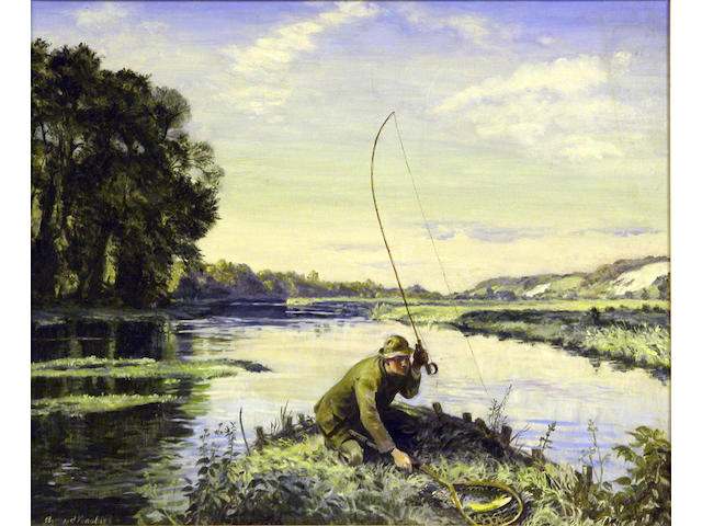 Bernard Venables Inscribed verso Test Trout at Evening Mottisfont Mixed media on canvas Signed and framed, 48cm x 58cm.