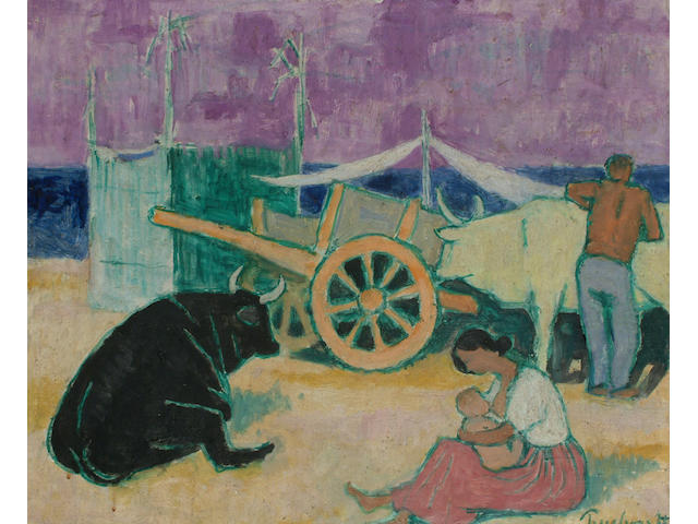 Julian Trevelyan (British, 1910-1989) Spanish scene with figures, oxen and cart.