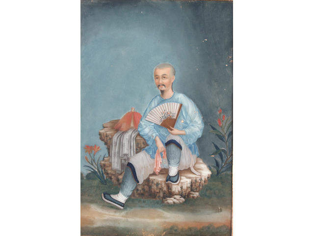 A late 18th or early 19th century Chinese School study of a seated Chinese gentleman, en gouache, reverse painted on glass, 44 x 29cm See illustration and colour illustration inside cover