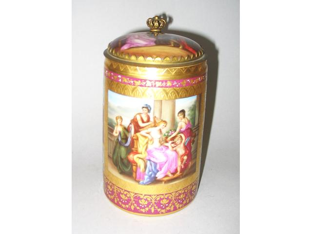 A Vienna style claret ground gilt metal mounted tankard and cover, late 19th century,