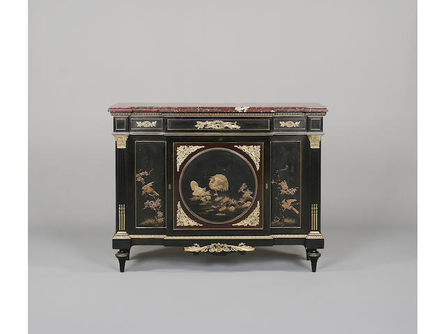 An early 20th century rosewood, ebonised, gilt metal mounted and lacquered commode &#224; vantaux made by Paul Sormani