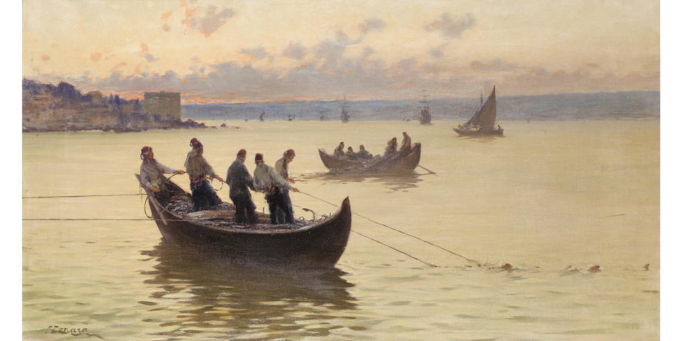 Fausto Zonaro (Italian, 1854-1929) Fishermen on the Bosphorus at dusk 55 x 100 cm. (20&#189; x 39&#188; in.)