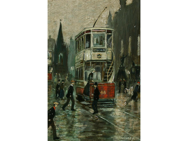 Arthur Delaney (1927-1987) Albert Square, Manchester, with trams, figures and carriage,