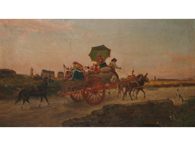 Pietro Barucci (Italian, 1845-1917) Figures on a haycart in a Roman compagna.