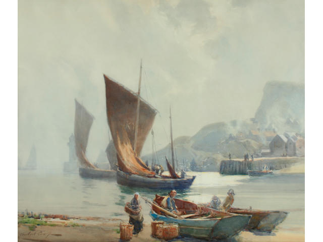 Hubert Coop (1872-1953) Fishing fleet setting sail, (possibly Scotland),