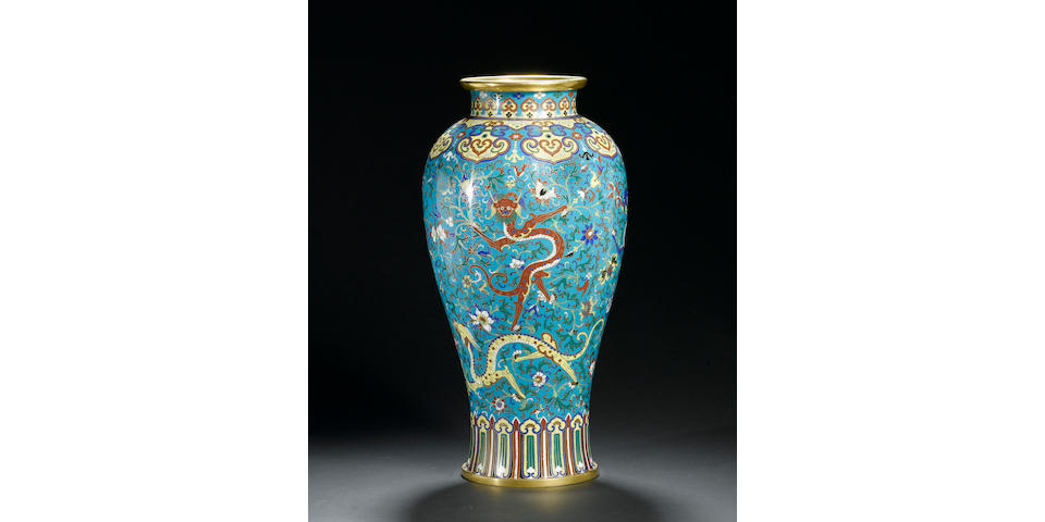 A fine and rare gilt-bronze and cloisonn&#233; enamel baluster vase, meiping Intaglio-cast Jiaqing seal m