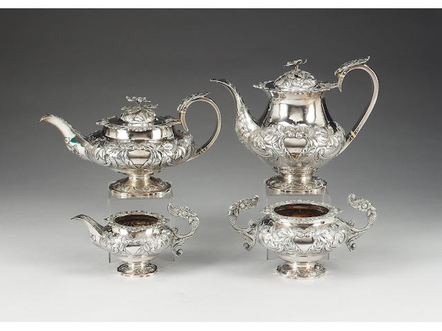 A four piece George IV / William IV silver tea and coffee set, possibly by William Hattersley, London 1831,  (4)