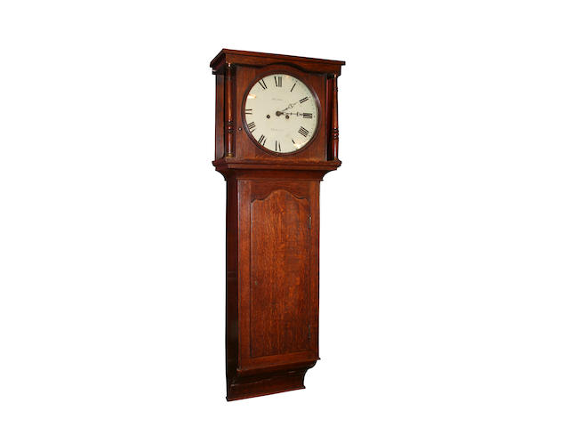 An oak white dial longcase wall clock, Richard Hardy, Newark, circa 1830,