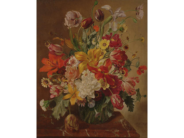 Franz Xaver Wolf (Austrian, 1896-1990) An impressive still life of flowers on a marble ledge,