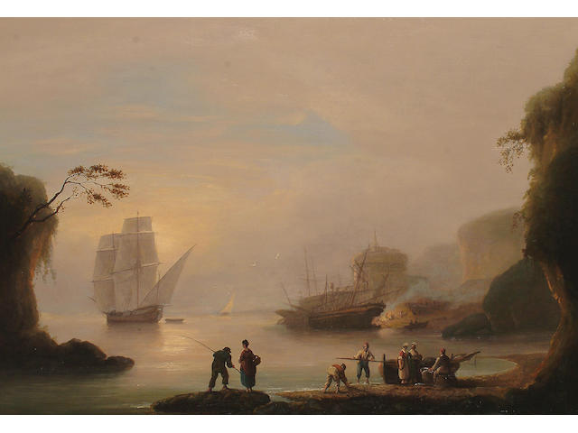 Thomas Luny (British, 1759-1837) Ships in a harbour with fisherfolk in the foreground.