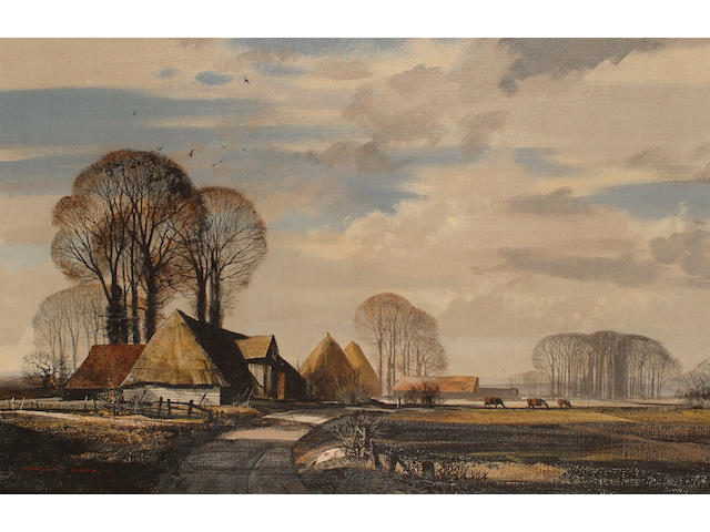 Rowland Hilder (British, 1905-1993) 'Old Barn and Winter Trees on the Isle of Grain (North Kent).'