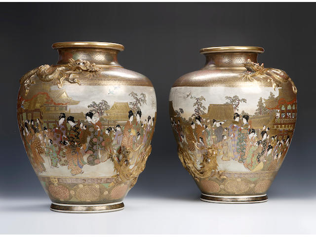 A large and fine pair of Satsuma vases, Meiji