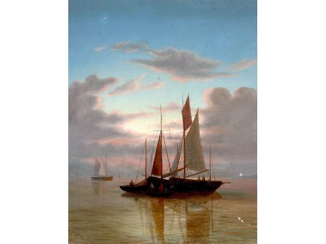 Circle of Abraham Hulk (Senior) Fishing Boats at sunset on calm sea,
